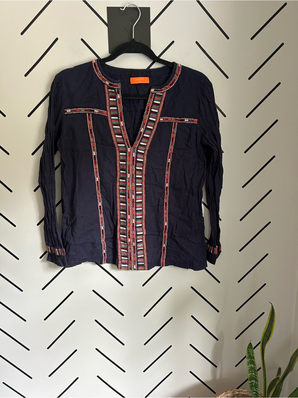 Ba&sh long sleeve navy tunic embroidered top READ
